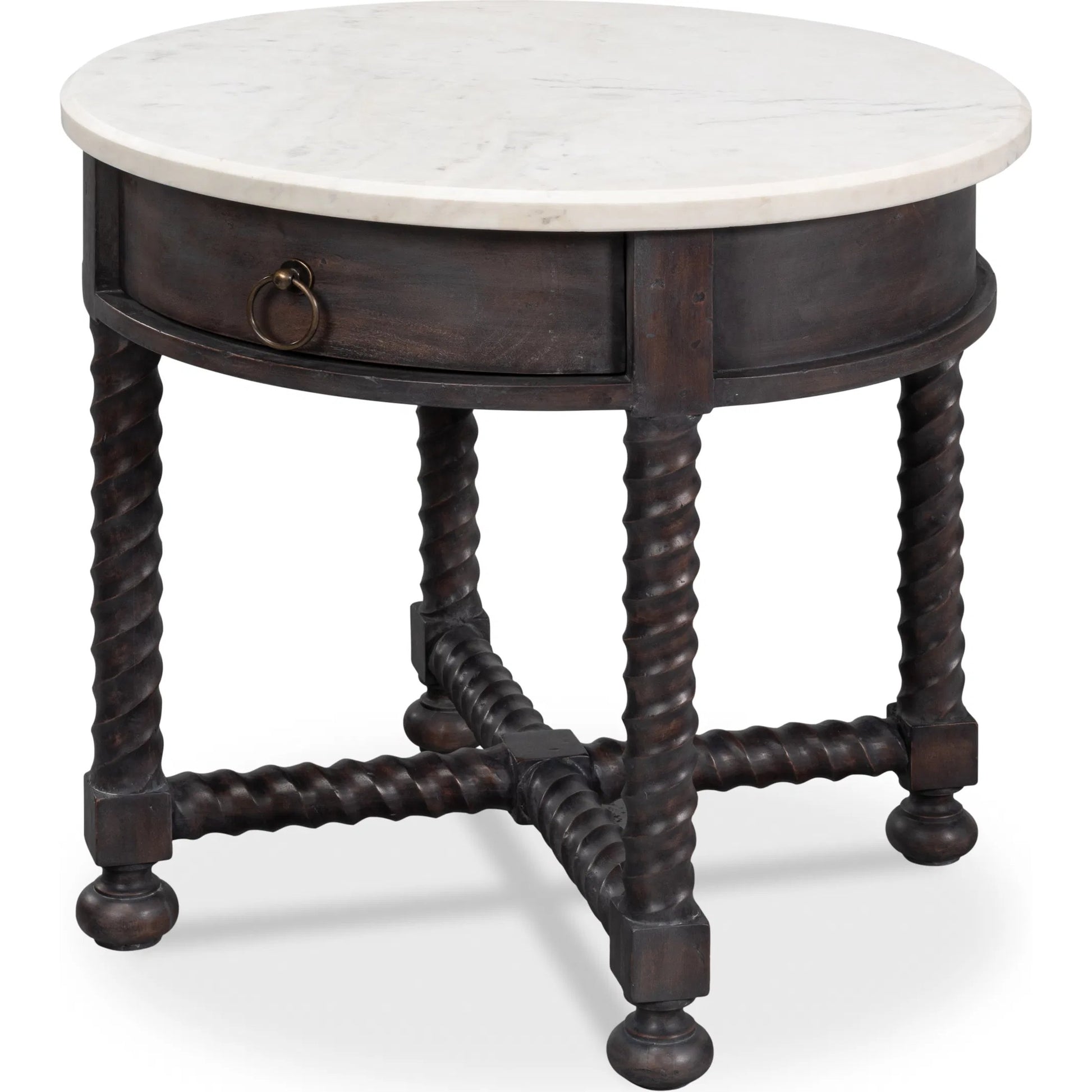 Barley Side Table by Sarreid Ltd. in brown. Made from acacia wood, white banswara marble in a traditional style.
