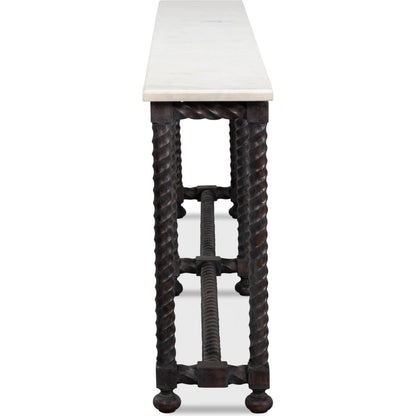 Barley Console Table by Sarreid Ltd. in brown. Made from acacia wood, white banswara marble in a traditional style.