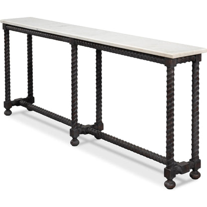 Barley Console Table by Sarreid Ltd. in brown. Made from acacia wood, white banswara marble in a traditional style.