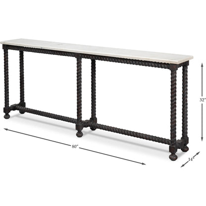 Barley Console Table by Sarreid Ltd. in brown. Made from acacia wood, white banswara marble in a traditional style.