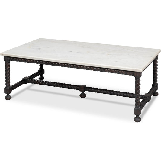 Barley Cocktail Table by Sarreid Ltd. in brown. Made from acacia wood, white banswara marble in a unique style.