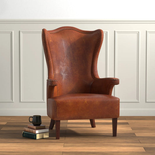 Drake Distilled Leather Chair by Sarreid Ltd.. Made from leather, brass in a traditional style.