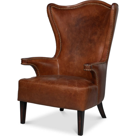 Drake Distilled Leather Chair by Sarreid Ltd.. Made from leather, brass in a traditional style.