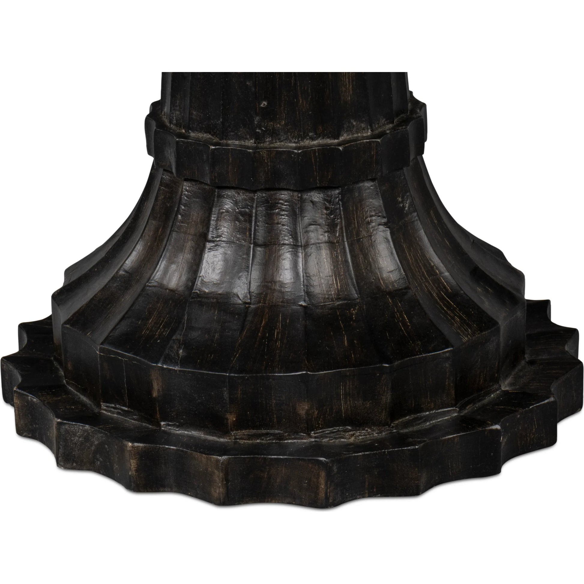 Alister Round End Table by Sarreid Ltd. in antique walnut. Made from mango wood, wood on wood inlay top in a unique style.