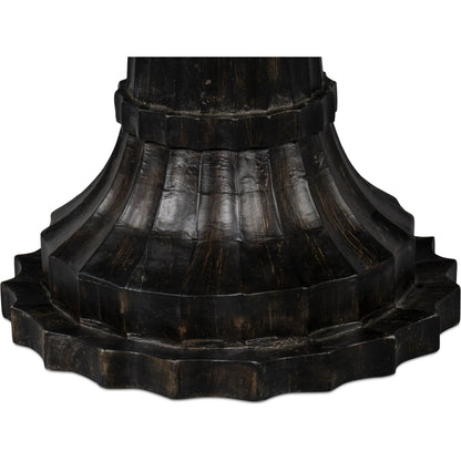 Alister Round End Table by Sarreid Ltd. in antique walnut. Made from mango wood, wood on wood inlay top in a unique style.