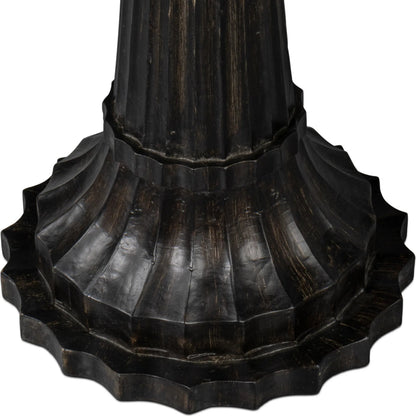 Alister Round End Table by Sarreid Ltd. in antique walnut. Made from mango wood, wood on wood inlay top in a unique style.