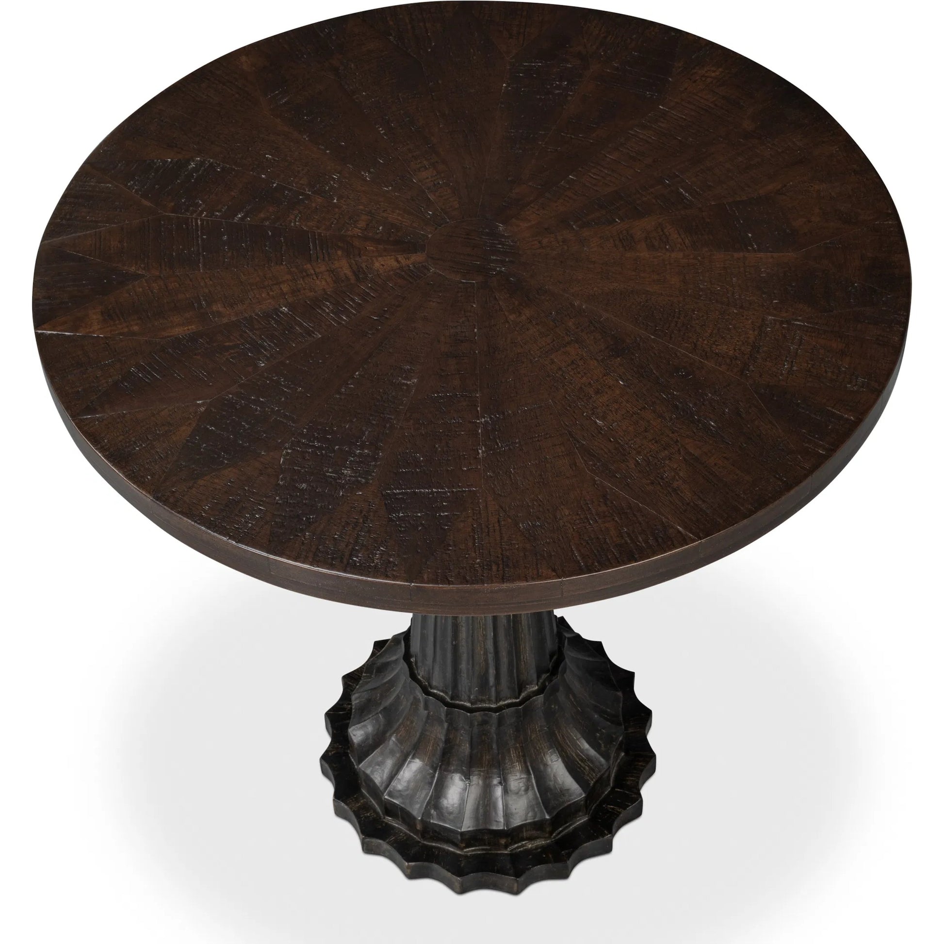 Alister Round End Table by Sarreid Ltd. in antique walnut. Made from mango wood, wood on wood inlay top in a unique style.