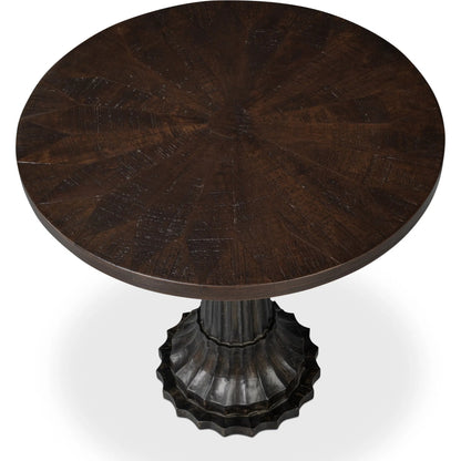 Alister Round End Table by Sarreid Ltd. in antique walnut. Made from mango wood, wood on wood inlay top in a unique style.