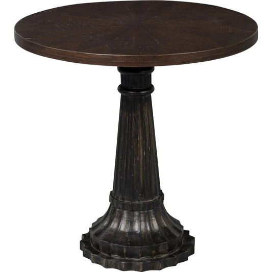 Alister Round End Table by Sarreid Ltd. in antique walnut. Made from mango wood, wood on wood inlay top in a unique style.