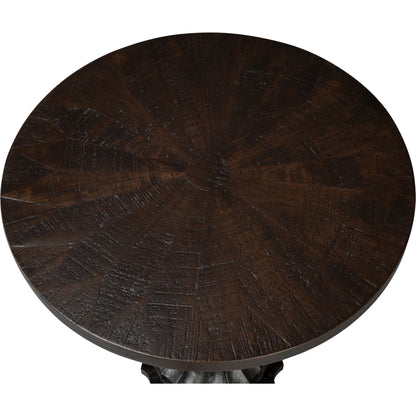 Alister Round End Table by Sarreid Ltd. in antique walnut. Made from mango wood, wood on wood inlay top in a unique style.