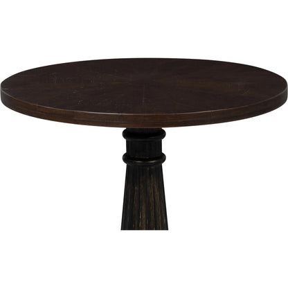 Alister Round End Table by Sarreid Ltd. in antique walnut. Made from mango wood, wood on wood inlay top in a unique style.