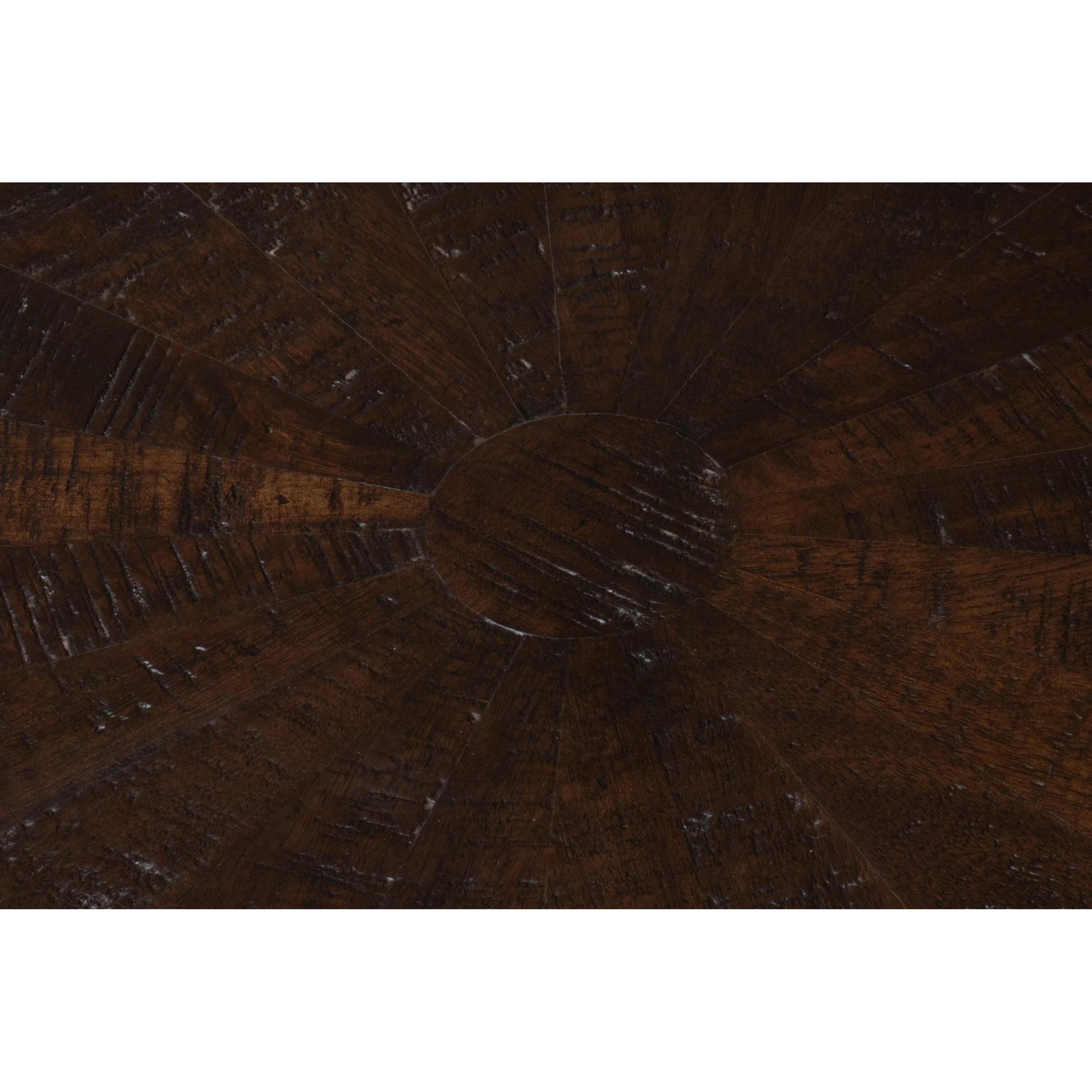 Alister Round End Table by Sarreid Ltd. in antique walnut. Made from mango wood, wood on wood inlay top in a unique style.