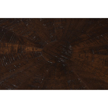 Alister Round End Table by Sarreid Ltd. in antique walnut. Made from mango wood, wood on wood inlay top in a unique style.