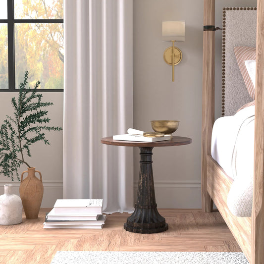 Alister Round End Table by Sarreid Ltd. in antique walnut. Made from mango wood, wood on wood inlay top in a unique style.