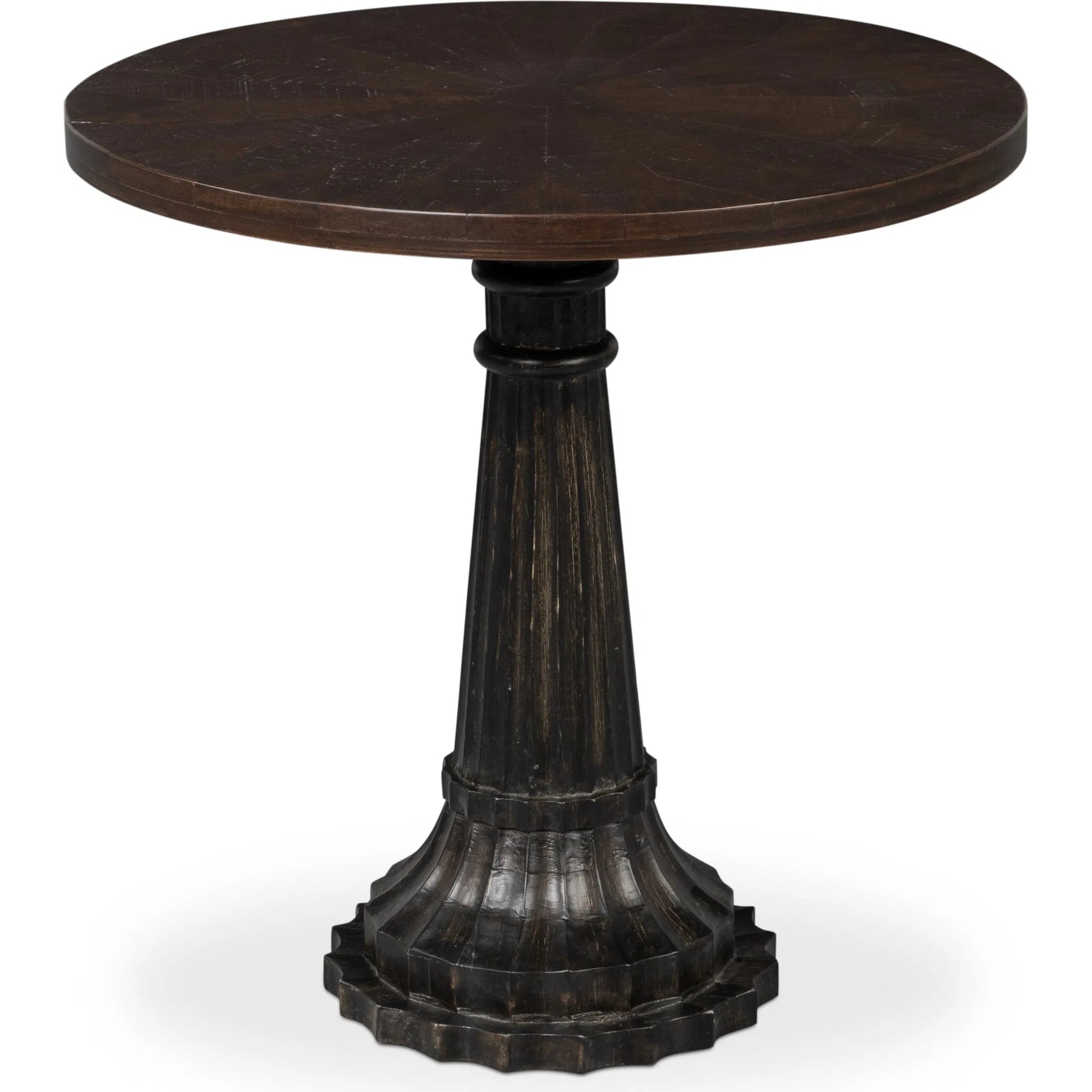 Alister Round End Table by Sarreid Ltd. in antique walnut. Made from mango wood, wood on wood inlay top in a unique style.