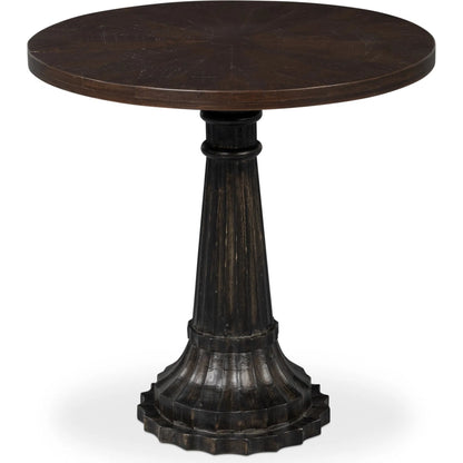 Alister Round End Table by Sarreid Ltd. in antique walnut. Made from mango wood, wood on wood inlay top in a unique style.