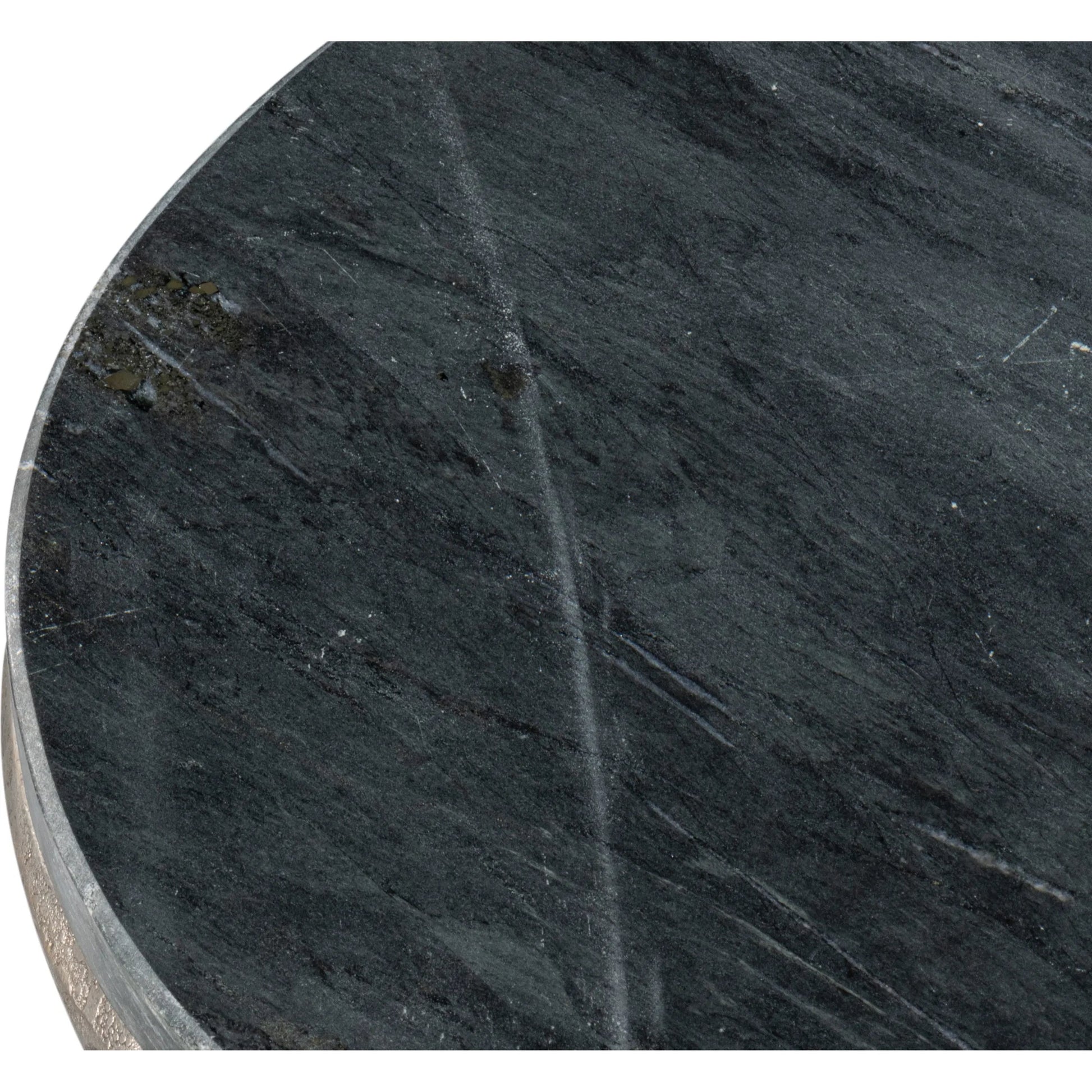 Derrick Iron End Table with Marble Top by Sarreid Ltd. in black marble, antiqued nickel. Made from iron & marble in a unique style.