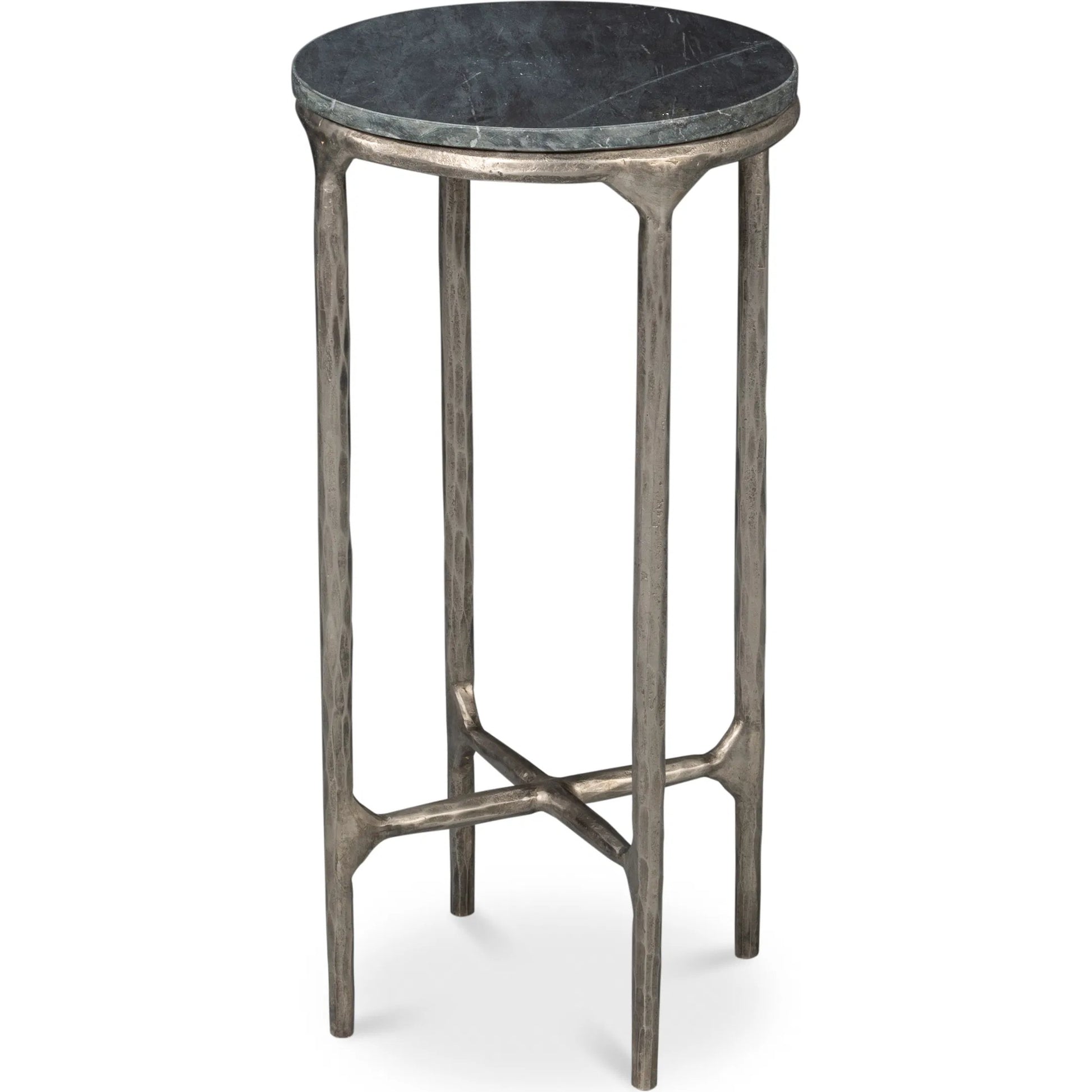 Derrick Iron End Table with Marble Top by Sarreid Ltd. in black marble, antiqued nickel. Made from iron & marble in a unique style.