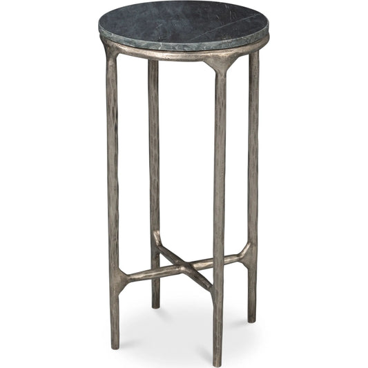 Derrick Iron End Table with Marble Top by Sarreid Ltd. in black marble, antiqued nickel. Made from iron & marble in a unique style.