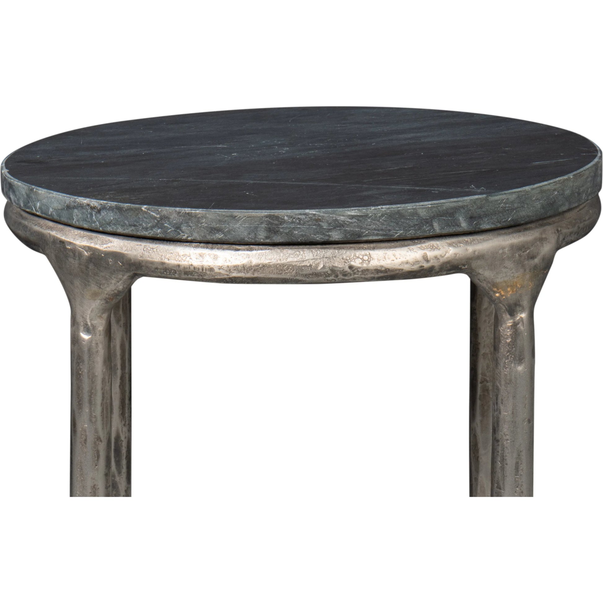 Derrick Iron End Table with Marble Top by Sarreid Ltd. in black marble, antiqued nickel. Made from iron & marble in a unique style.