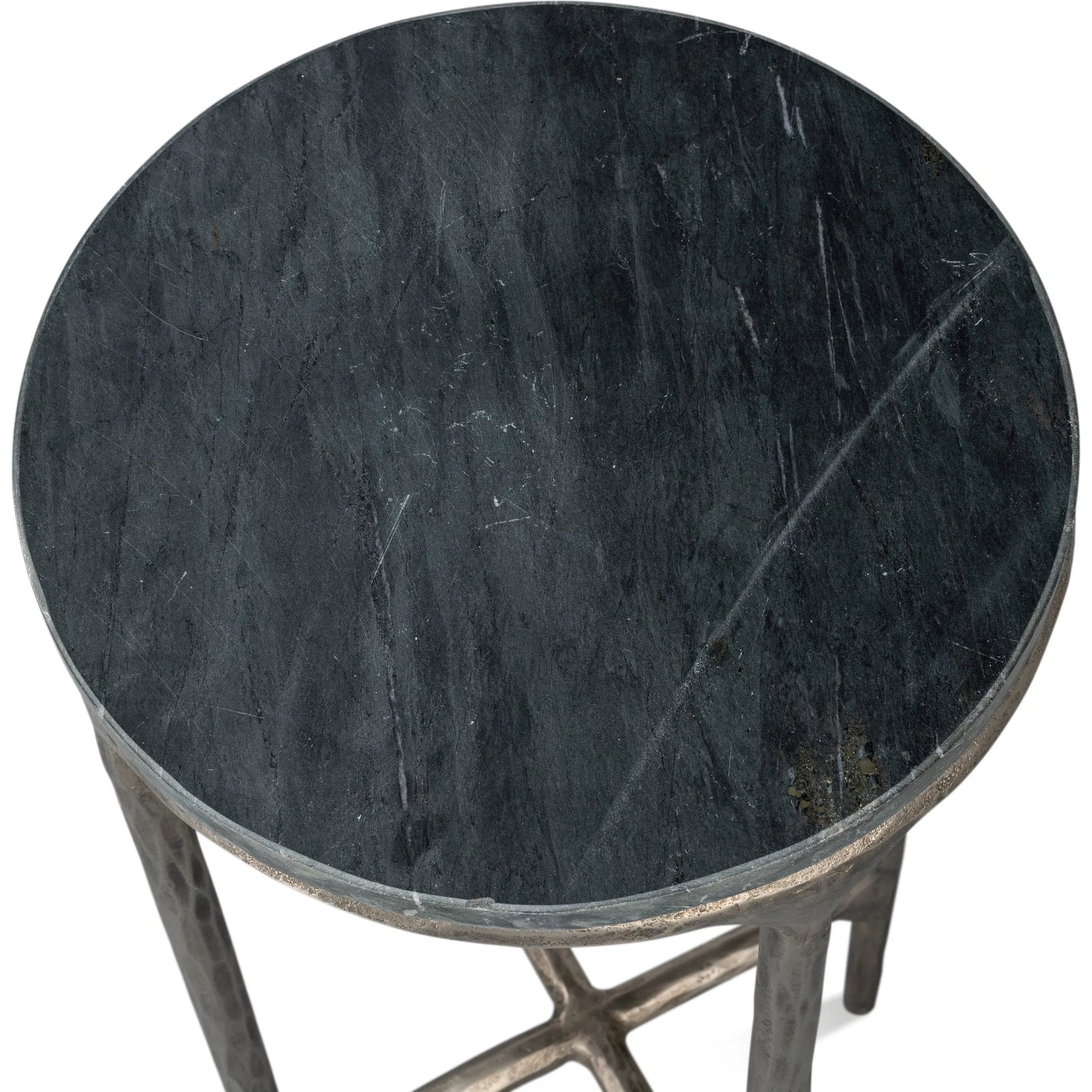 Derrick Iron End Table with Marble Top by Sarreid Ltd. in black marble, antiqued nickel. Made from iron & marble in a unique style.