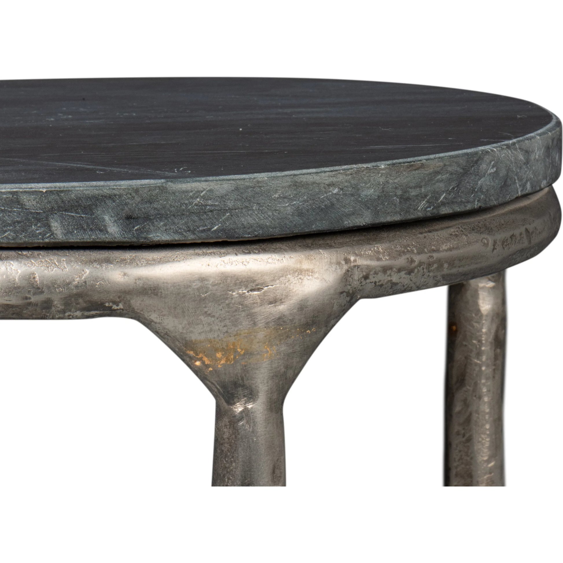 Derrick Iron End Table with Marble Top by Sarreid Ltd. in black marble, antiqued nickel. Made from iron & marble in a unique style.