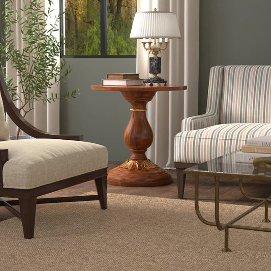 Elizabeth Carved End Table by Sarreid Ltd. in colonial walnut, antique gold leaf. Made from mango wood in a unique style.