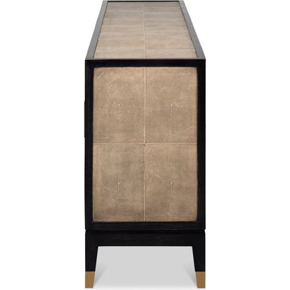 Beto Four Door Sideboard by Sarreid Ltd. in tan. Made from iron, leather, mdf, brass, tawny brown leather in a transitional style.