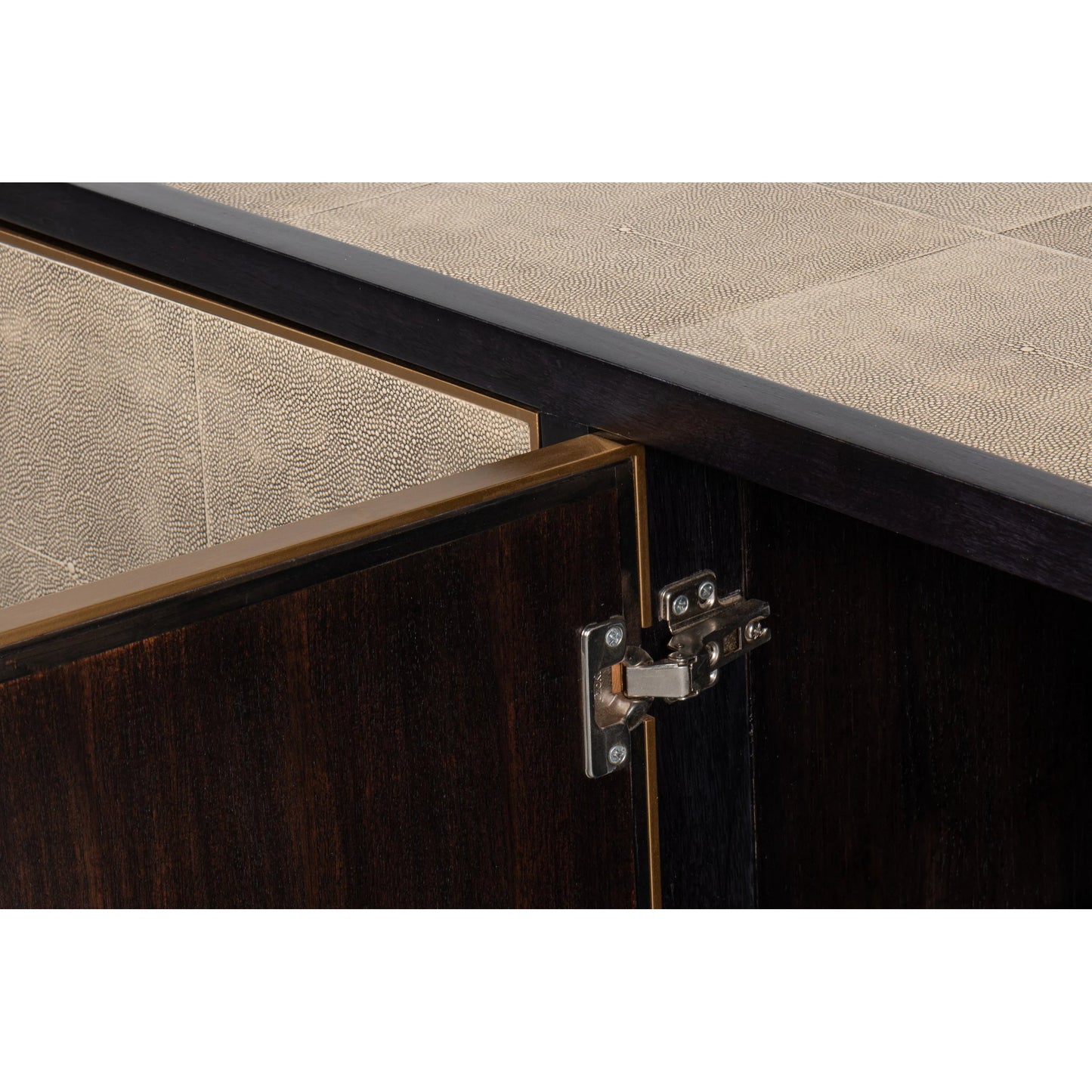 009 SI-2372457 | Closeup | Beto Four Door Sideboard by Sarreid Ltd. in tan. Made from iron, leather, mdf, brass, tawny brown leather in a transitional style.