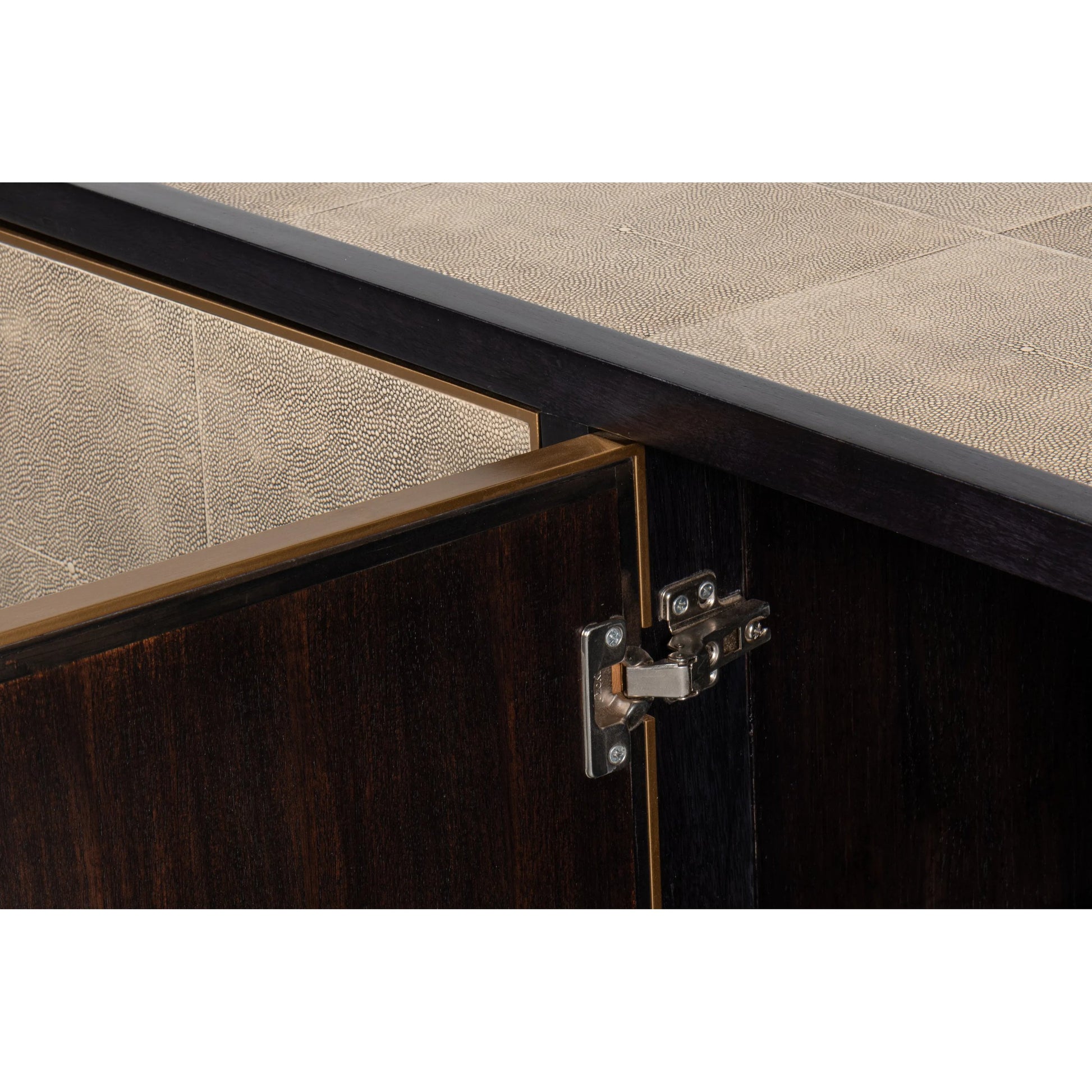 Beto Four Door Sideboard by Sarreid Ltd. in tan. Made from iron, leather, mdf, brass, tawny brown leather in a transitional style.