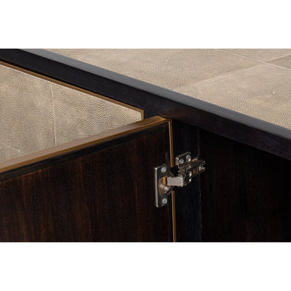 Beto Four Door Sideboard by Sarreid Ltd. in tan. Made from iron, leather, mdf, brass, tawny brown leather in a transitional style.