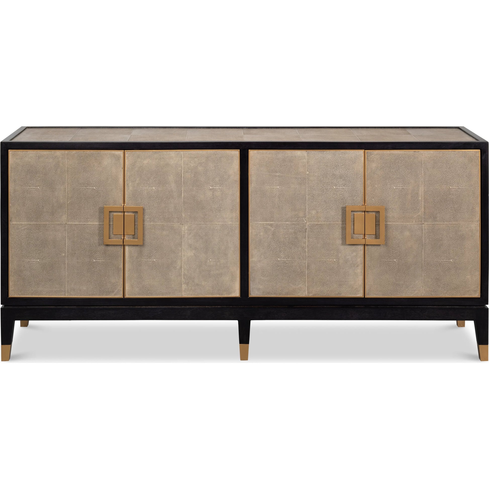 Beto Four Door Sideboard by Sarreid Ltd. in tan. Made from iron, leather, mdf, brass, tawny brown leather in a transitional style.