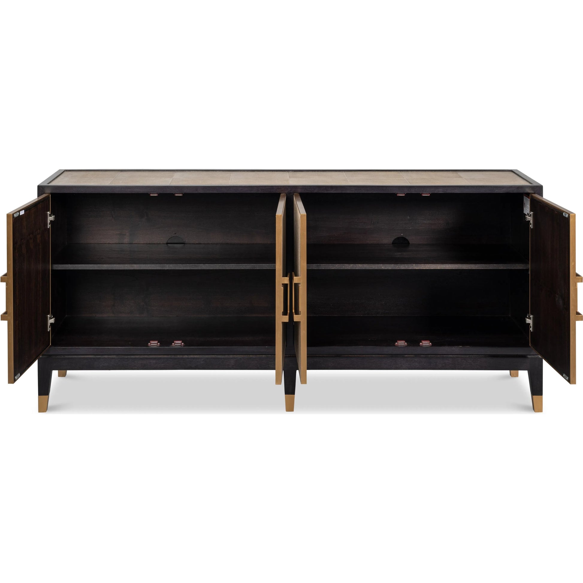 Beto Four Door Sideboard by Sarreid Ltd. in tan. Made from iron, leather, mdf, brass, tawny brown leather in a transitional style.