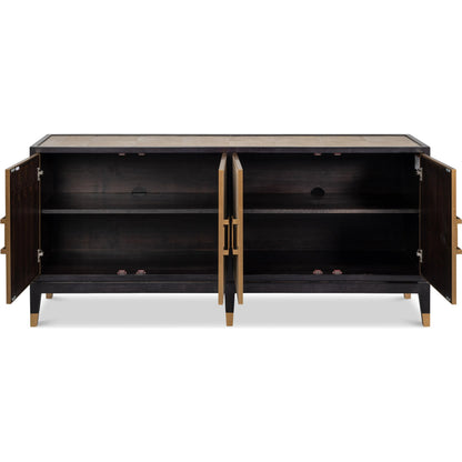 Beto Four Door Sideboard by Sarreid Ltd. in tan. Made from iron, leather, mdf, brass, tawny brown leather in a transitional style.