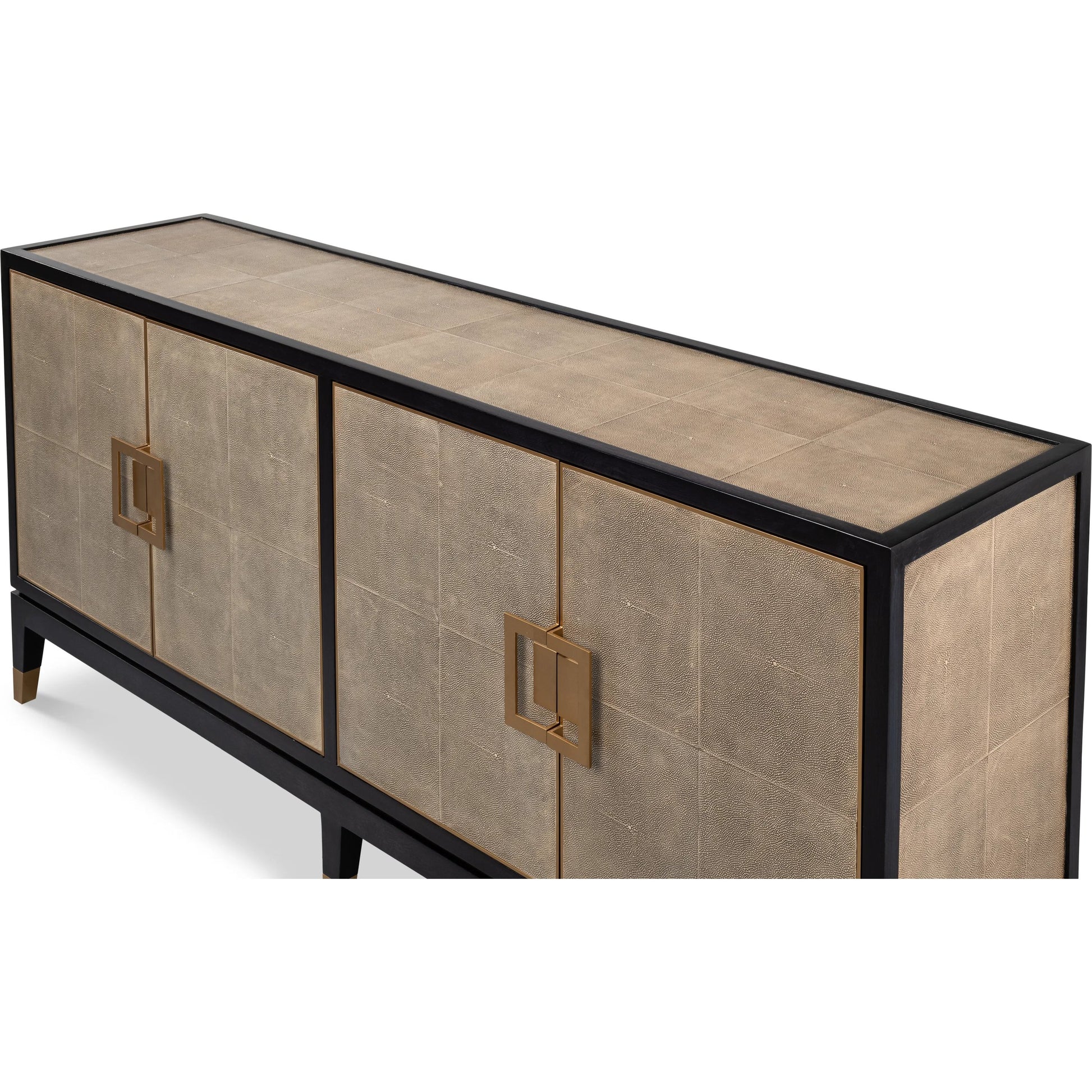 Beto Four Door Sideboard by Sarreid Ltd. in tan. Made from iron, leather, mdf, brass, tawny brown leather in a transitional style.