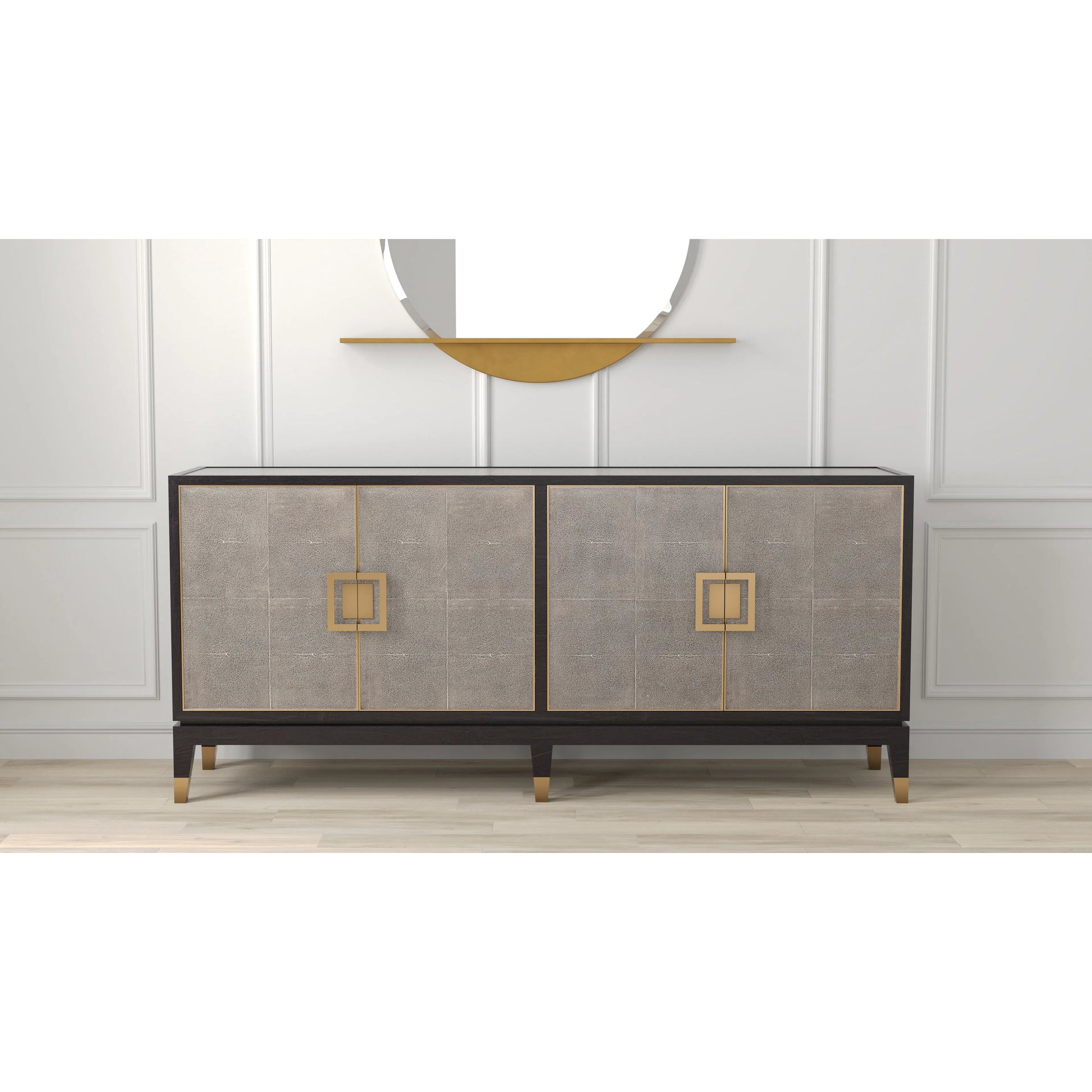 Beto Four Door Sideboard by Sarreid Ltd. in tan. Made from iron, leather, mdf, brass, tawny brown leather in a transitional style.