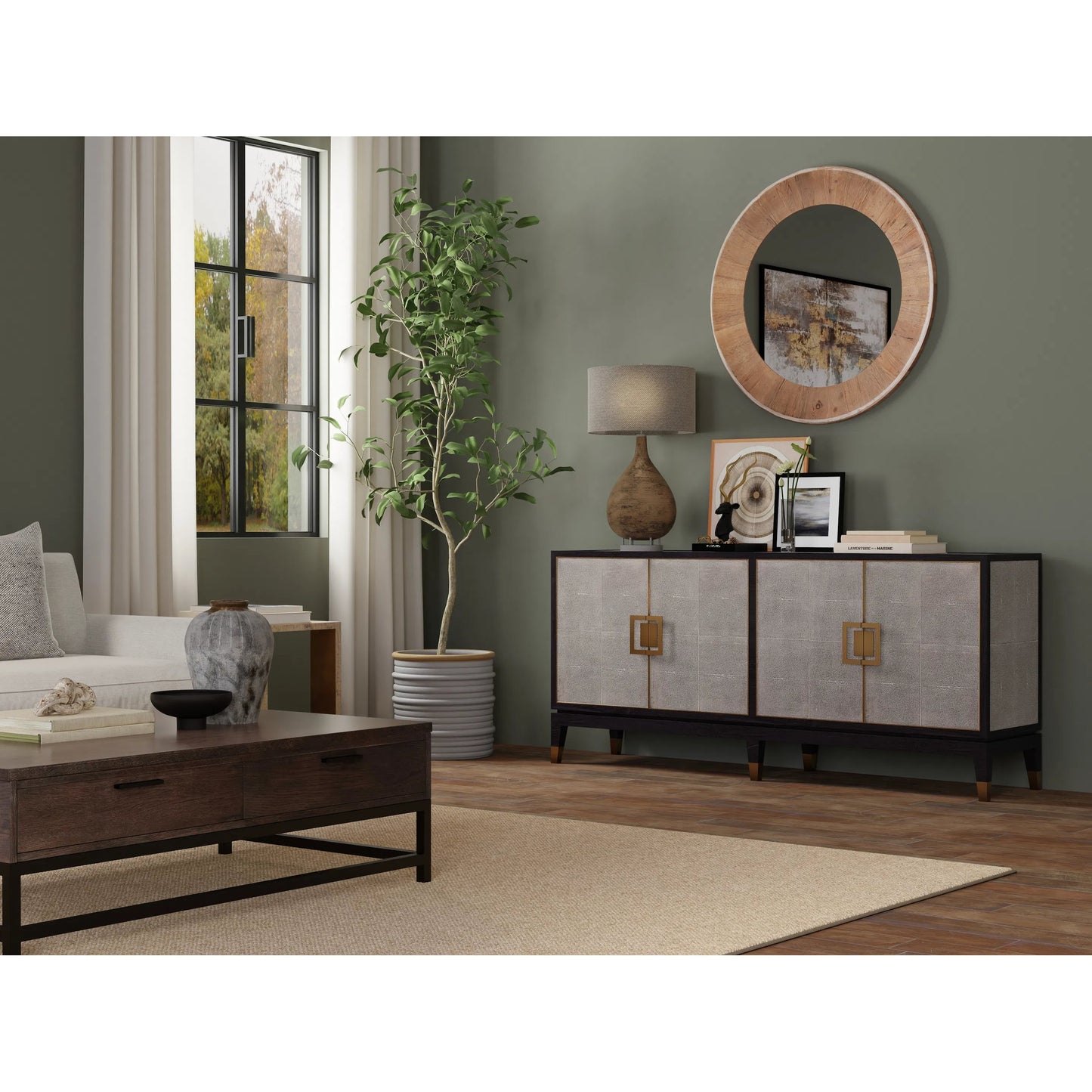 015 SI-2372457 | Lifestyle | Beto Four Door Sideboard by Sarreid Ltd. in tan. Made from iron, leather, mdf, brass, tawny brown leather in a transitional style.