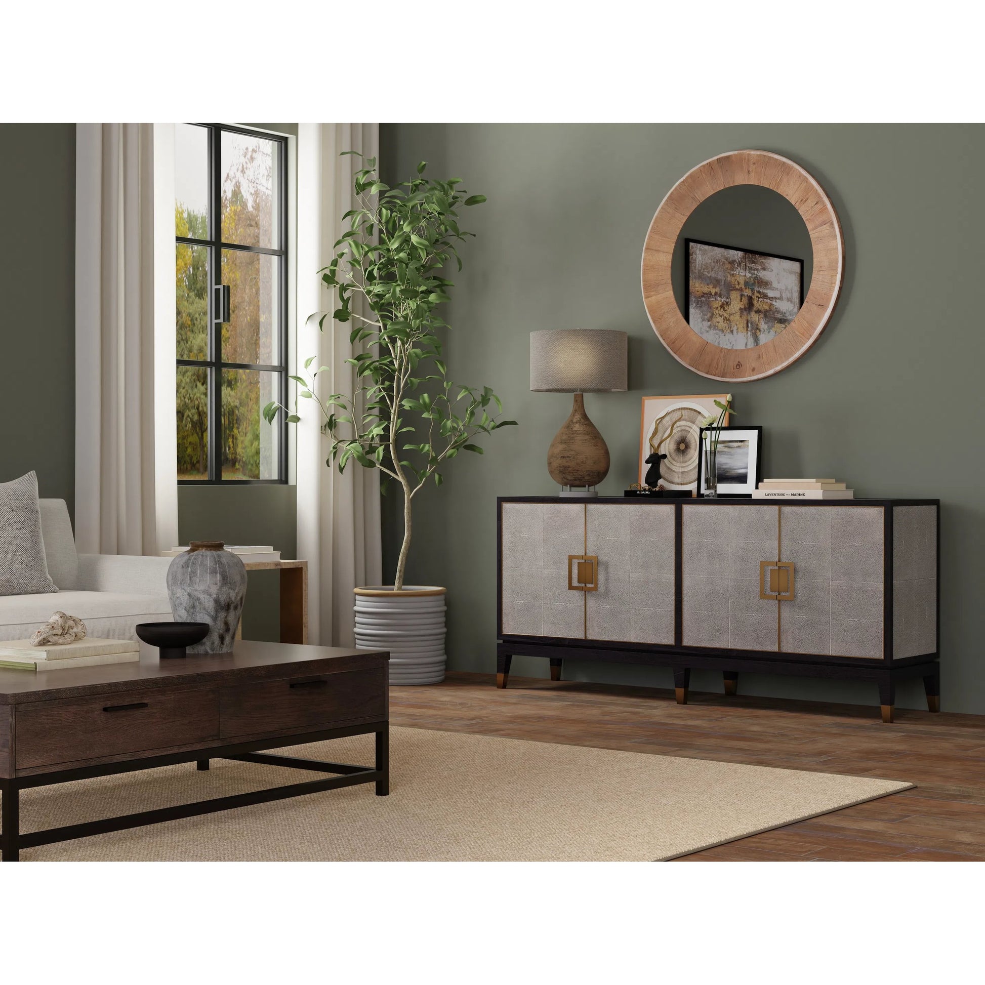 Beto Four Door Sideboard by Sarreid Ltd. in tan. Made from iron, leather, mdf, brass, tawny brown leather in a transitional style.
