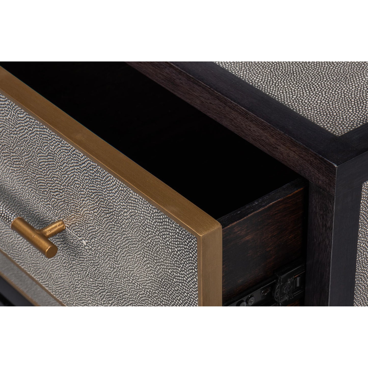 010 SI-2372525 | Closeup | Horatio Night Stand by Sarreid Ltd. in grey. Made from wood, iron, leather, mdf, antique grey leather in a modern style.