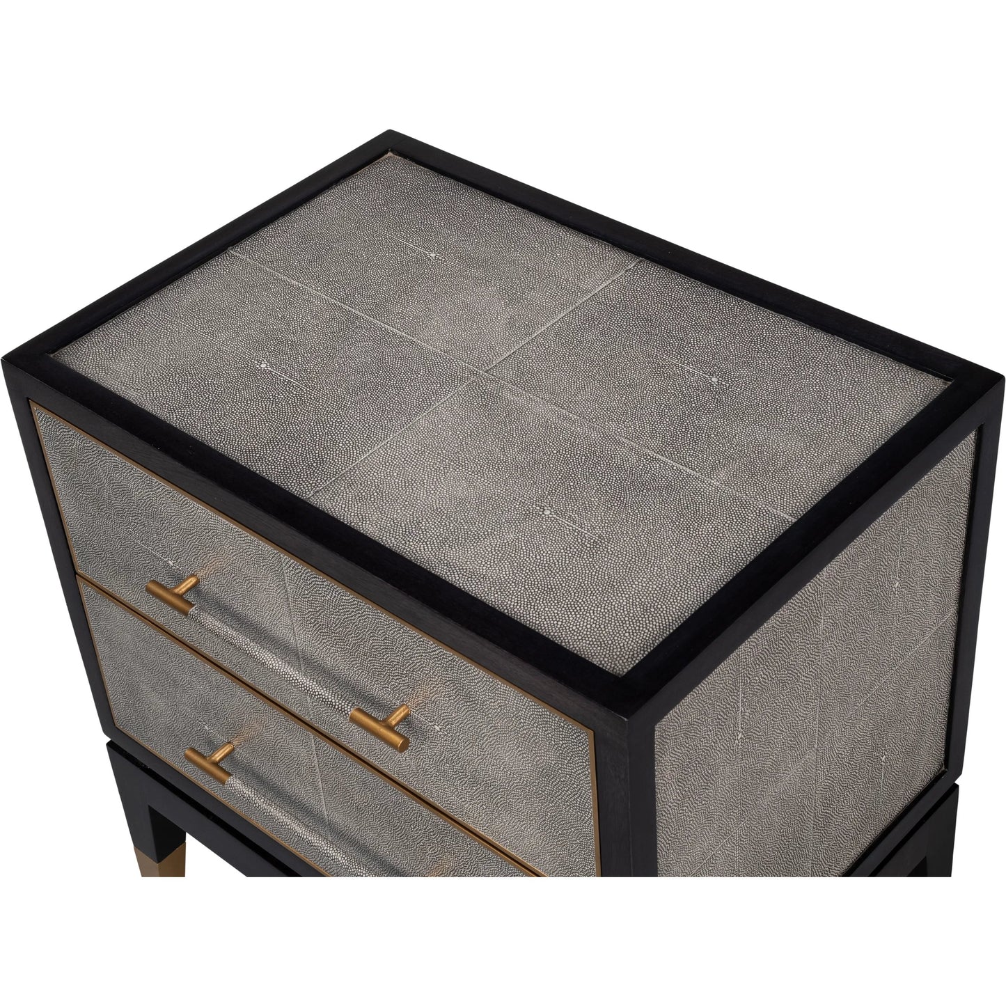 012 SI-2372525 | Closeup | Horatio Night Stand by Sarreid Ltd. in grey. Made from wood, iron, leather, mdf, antique grey leather in a modern style.