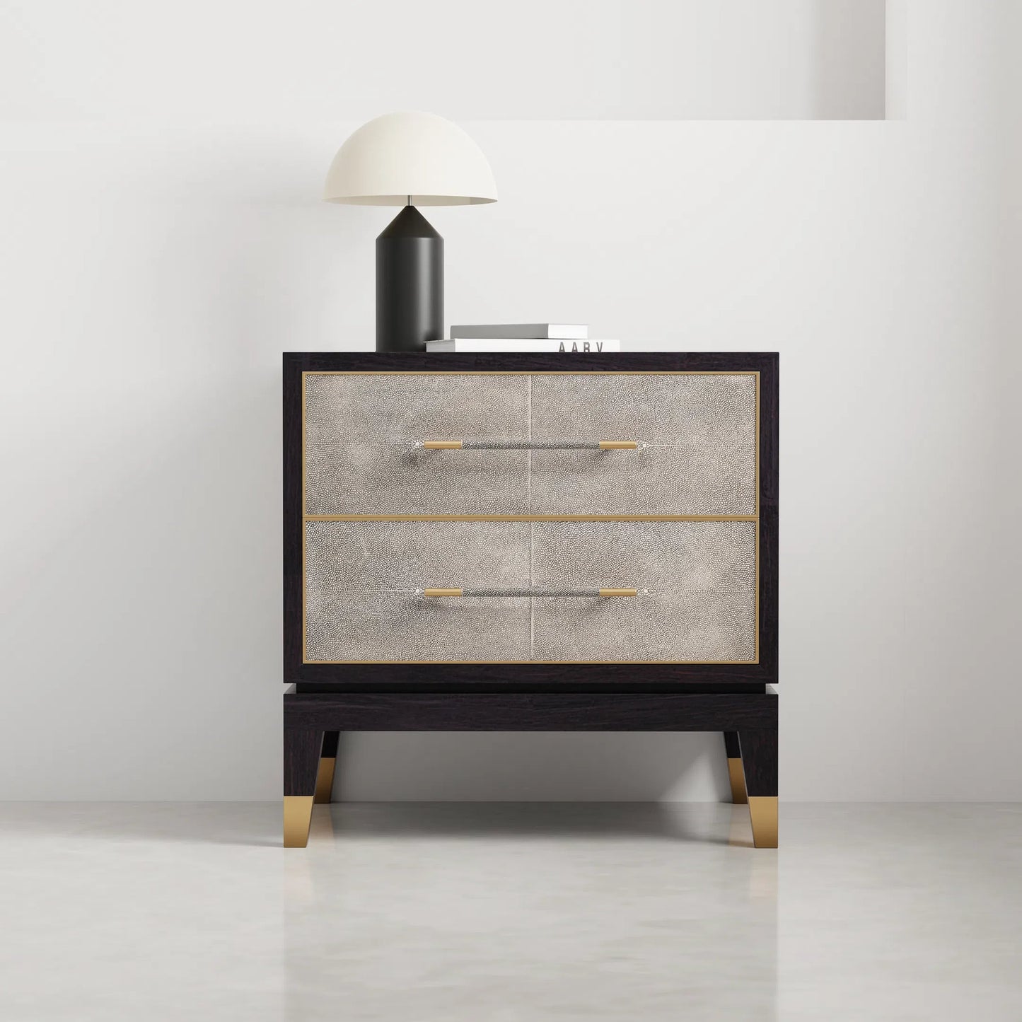 014 SI-2372525 | Lifestyle | Horatio Night Stand by Sarreid Ltd. in grey. Made from wood, iron, leather, mdf, antique grey leather in a modern style.