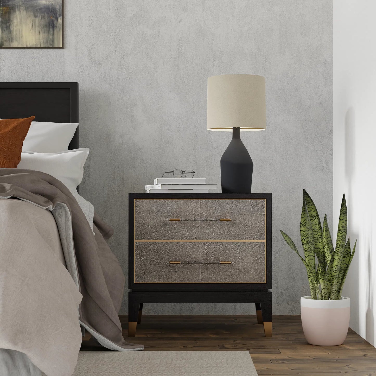 015 SI-2372525 | Lifestyle | Horatio Night Stand by Sarreid Ltd. in grey. Made from wood, iron, leather, mdf, antique grey leather in a modern style.