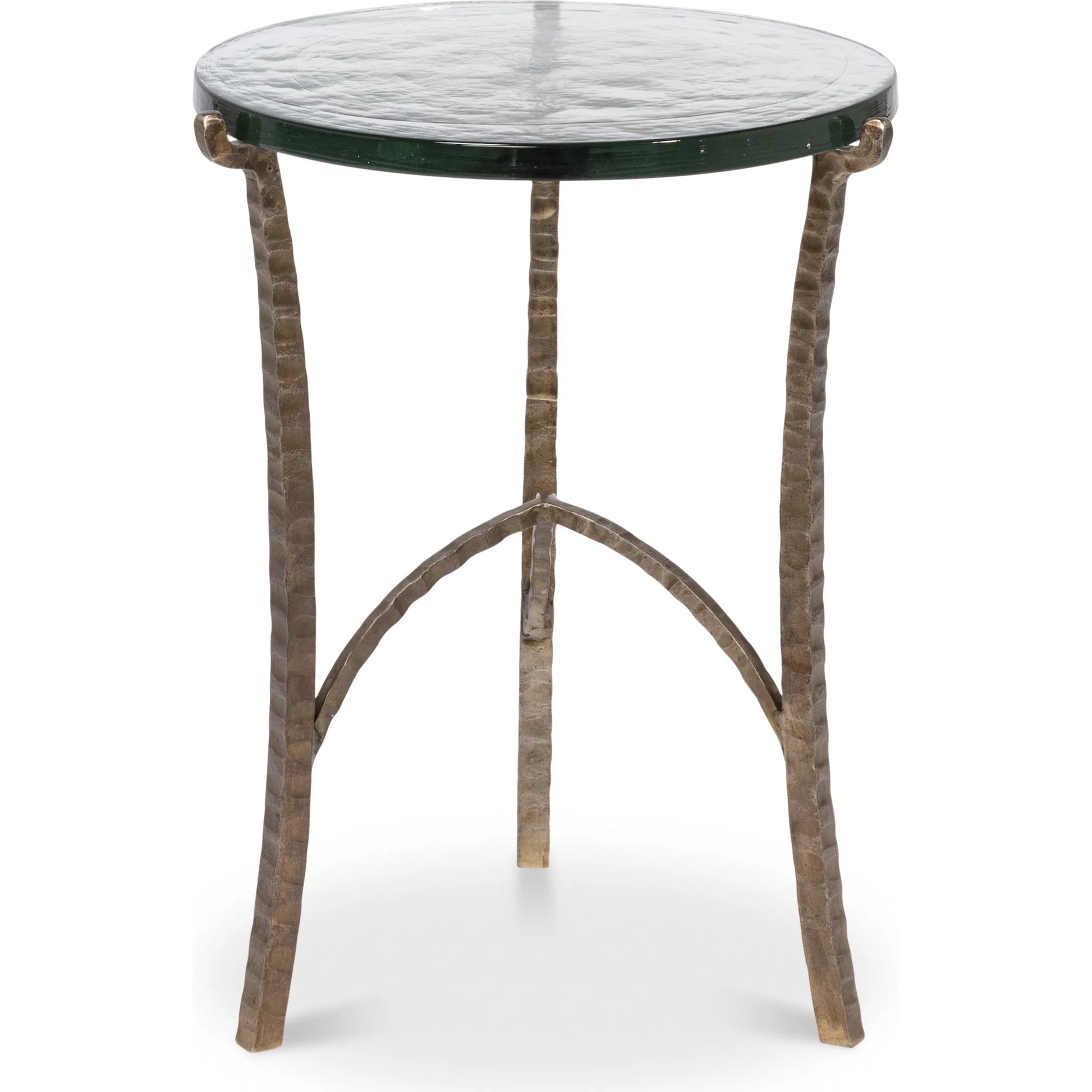 Dandy Round Side Table by Sarreid Ltd. in bronze. Made from forged iron, casted glass in a modern style.