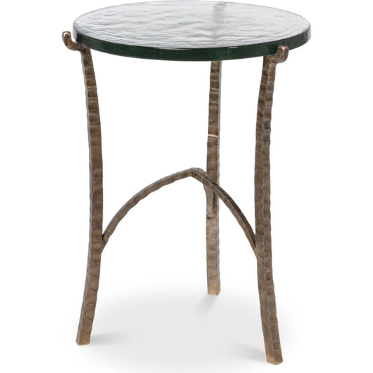 Dandy Round Side Table by Sarreid Ltd. in bronze. Made from forged iron, casted glass in a unique style.