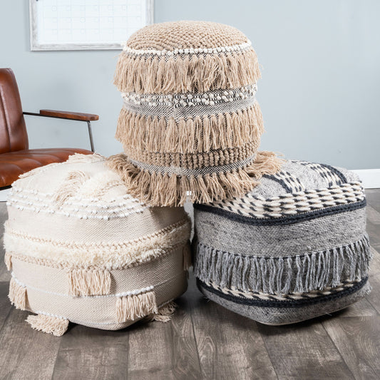 Zoey Round Pouf by Butler Specialty Company in beige and butler loft. Made from cotton -wool shell, filling: thermocol beans in a eclectic & global style.