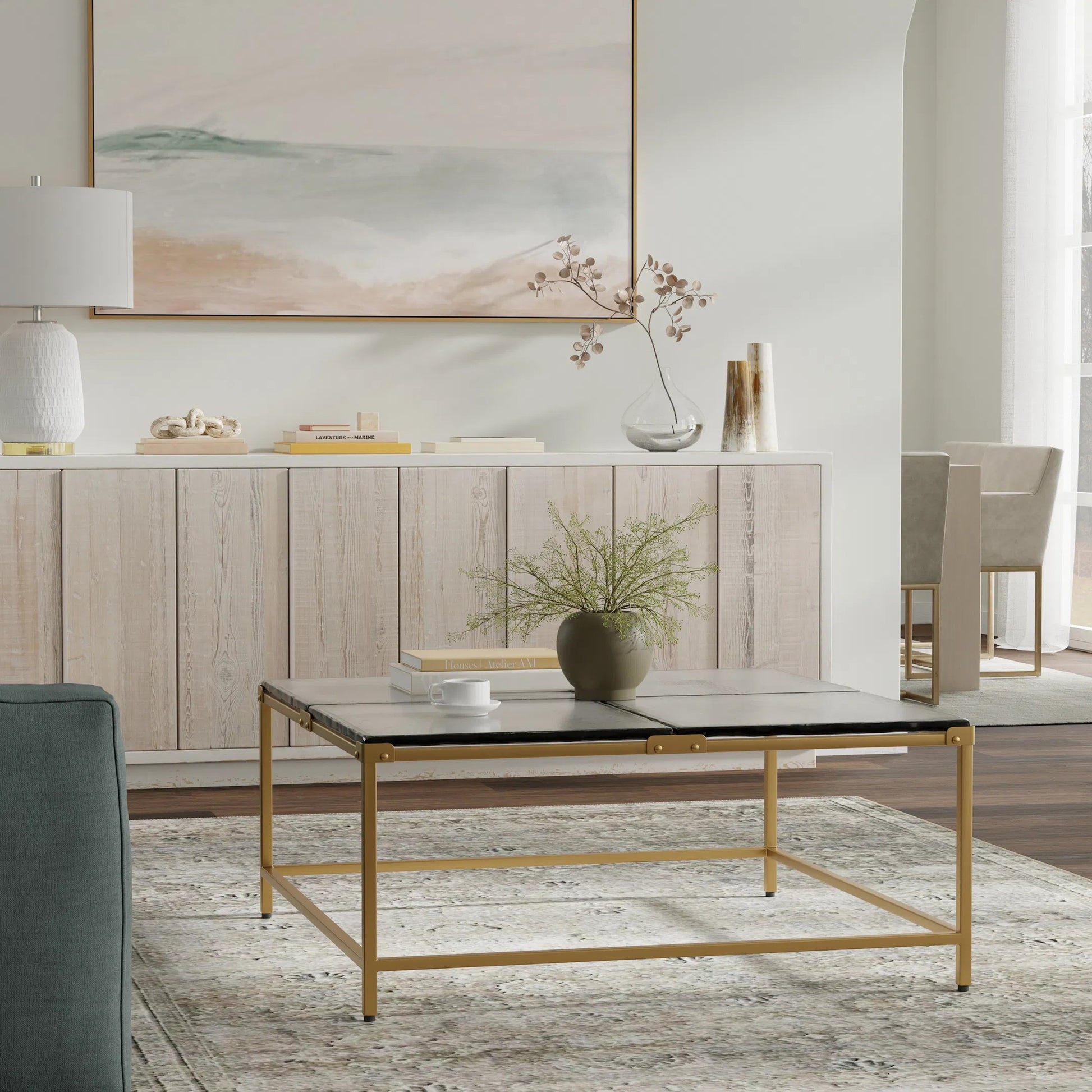 Titus Coffee Table by Sarreid Ltd. in bronze and cast glass top. Made from unique in a modern style.