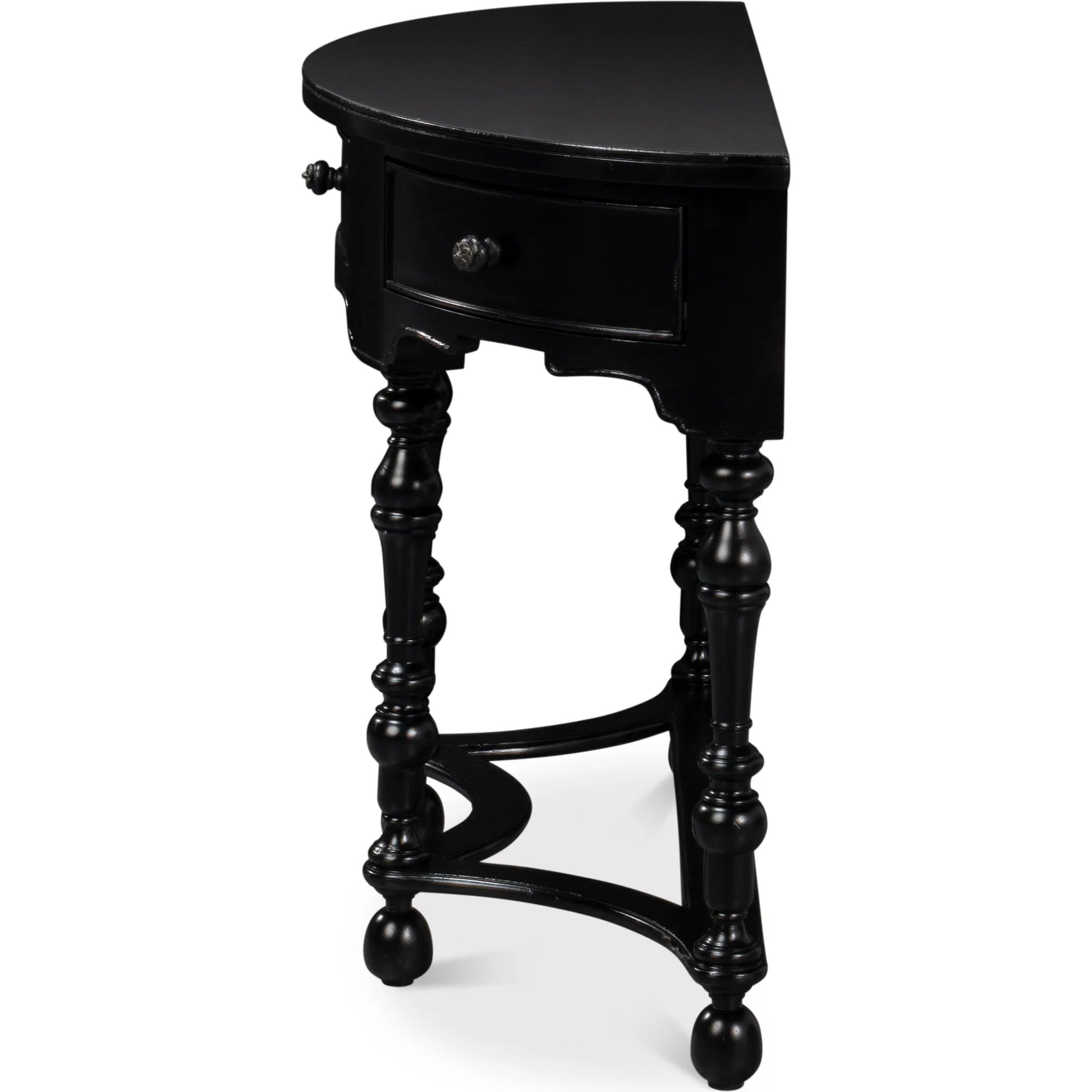 Abraham Half Round Console by Sarreid Ltd. in black. Made from acacia wood in a traditional style.