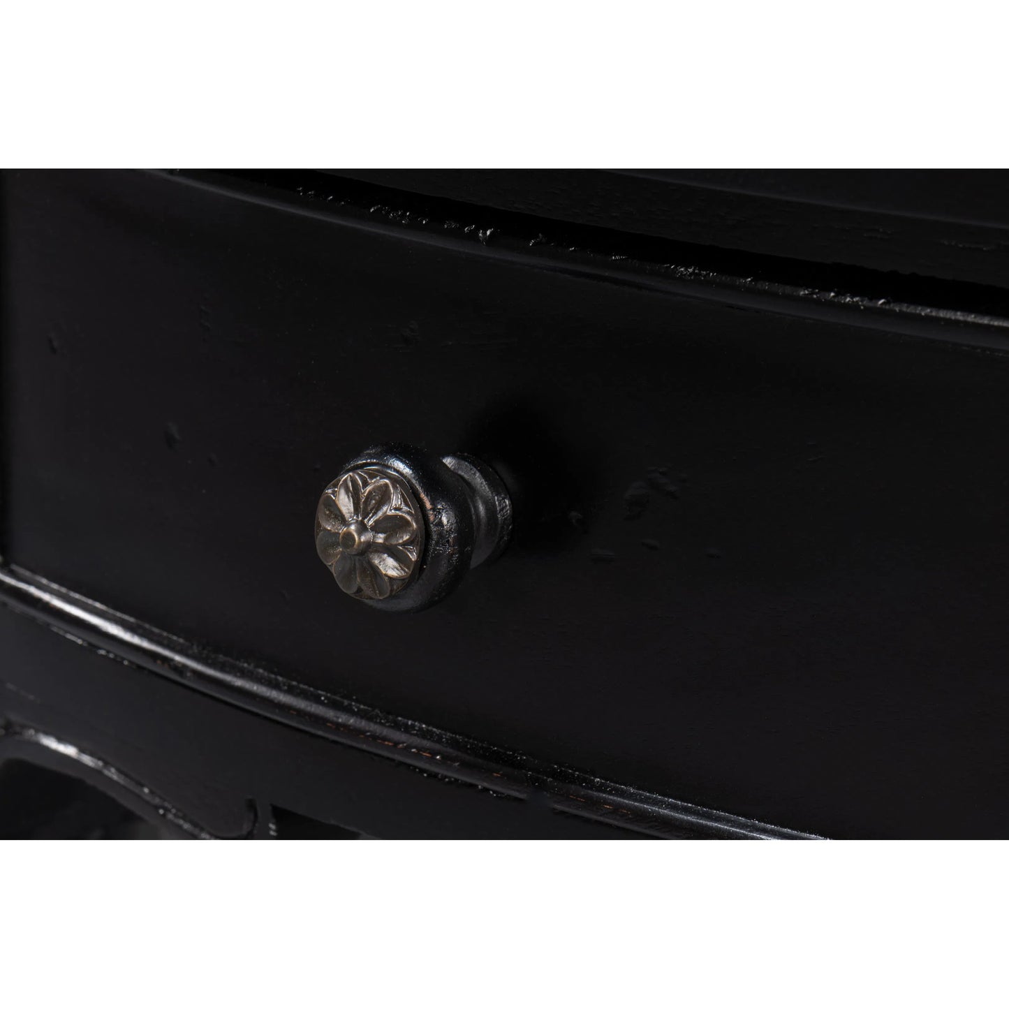 011 SI-2372444 | Closeup | Abraham Half Round Console by Sarreid Ltd. in black. Made from acacia wood in a traditional style.