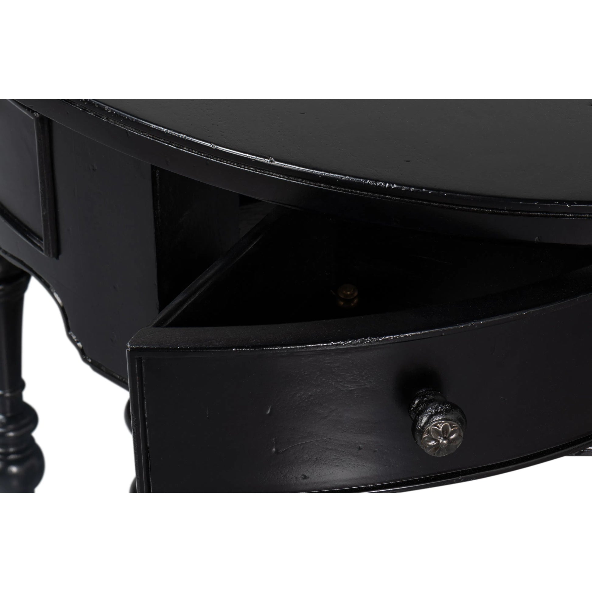 Abraham Half Round Console by Sarreid Ltd. in black. Made from acacia wood in a traditional style.