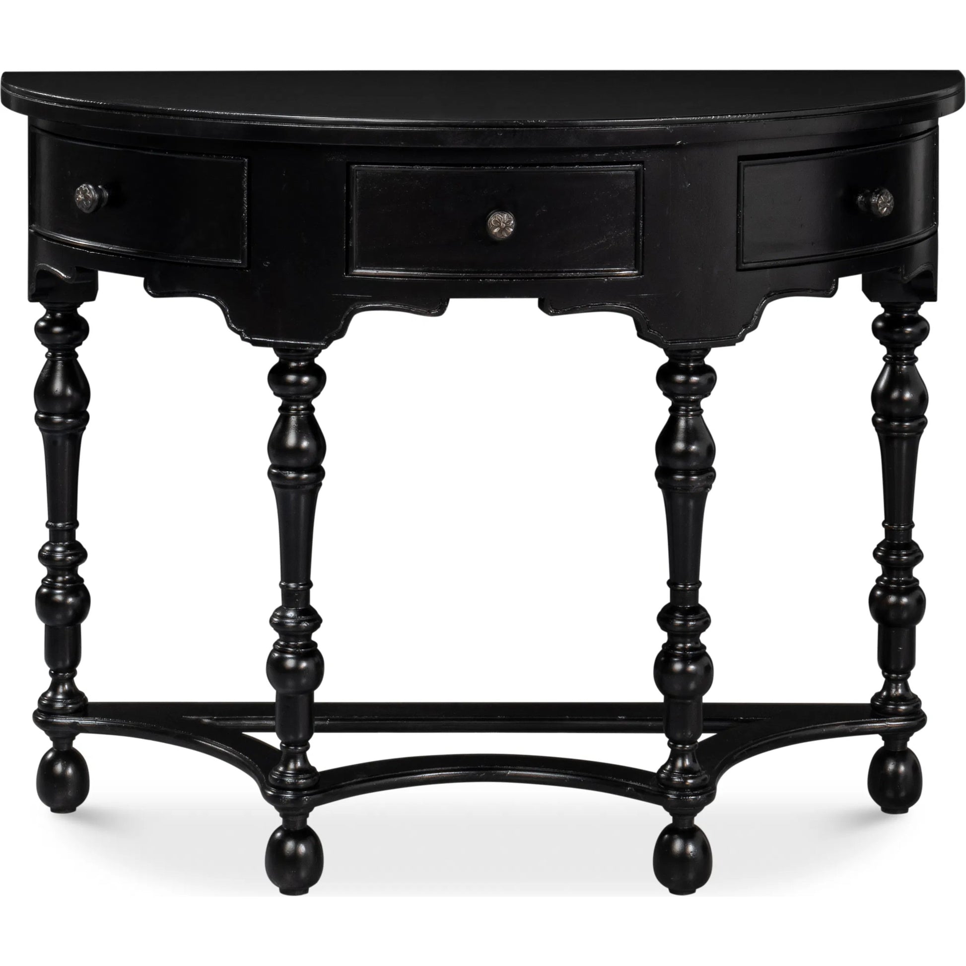 Abraham Half Round Console by Sarreid Ltd. in black. Made from acacia wood in a traditional style.